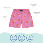 UV Protective Swim Shorts Pink Starfish: A pair of pink swim shorts with a starfish pattern, labelled with fabric and care information.